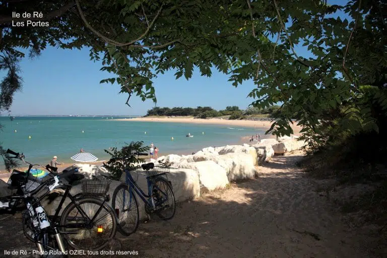 Plage ensoleillée avec vélos, Île de Ré, France.